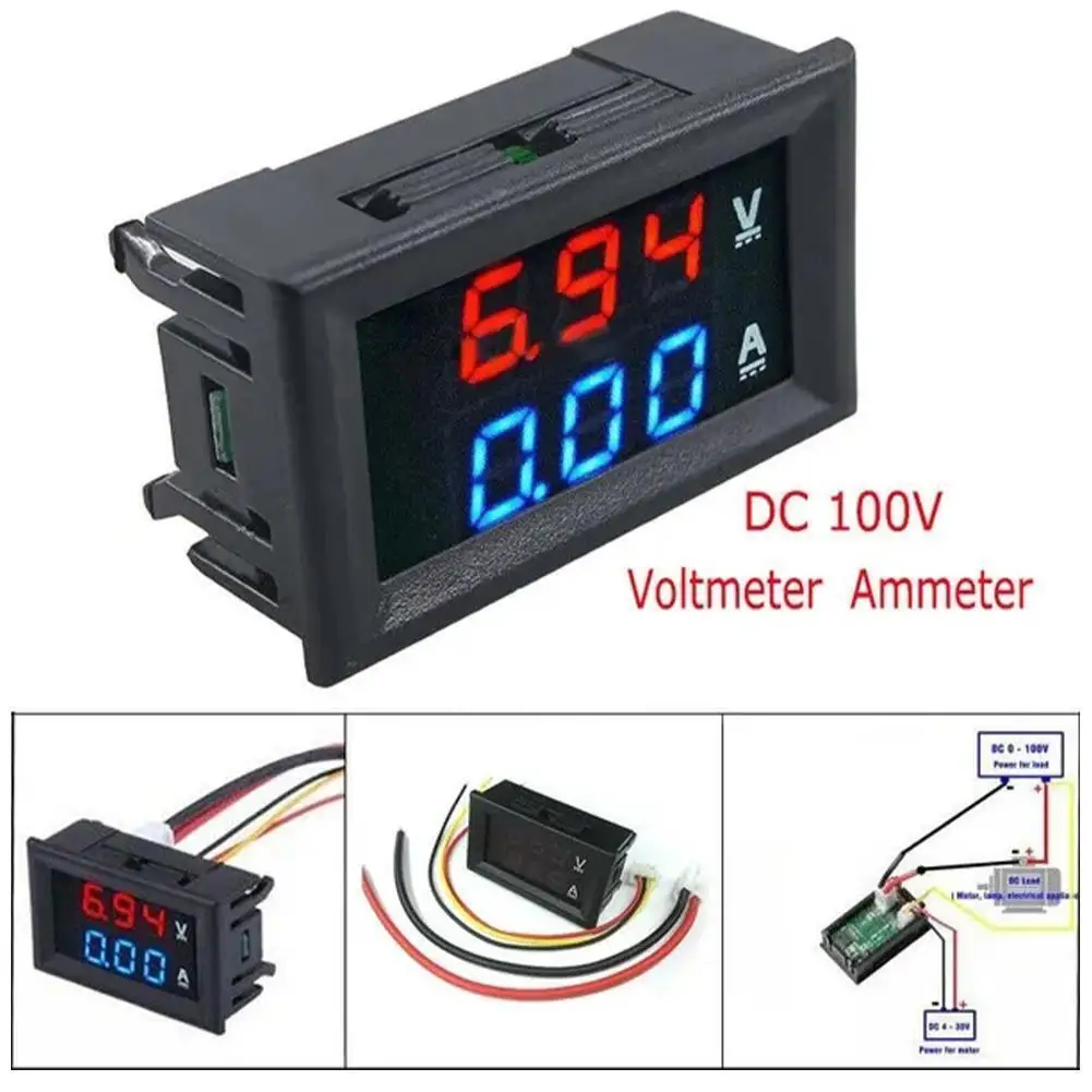 Digital Voltmeter Ammeter DC 100V 10A Amp Voltage Current Meter Tester 0.28 Inch Dual LED Display Panel with Connect Wires