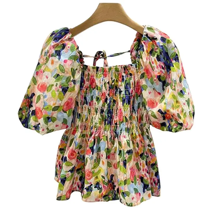 

Spring Cotton Square Collar Design Sense Necklace Tie Tops Lovely Floral Print Half Sleeve Slim Gentle Elegant Shirts Blouses