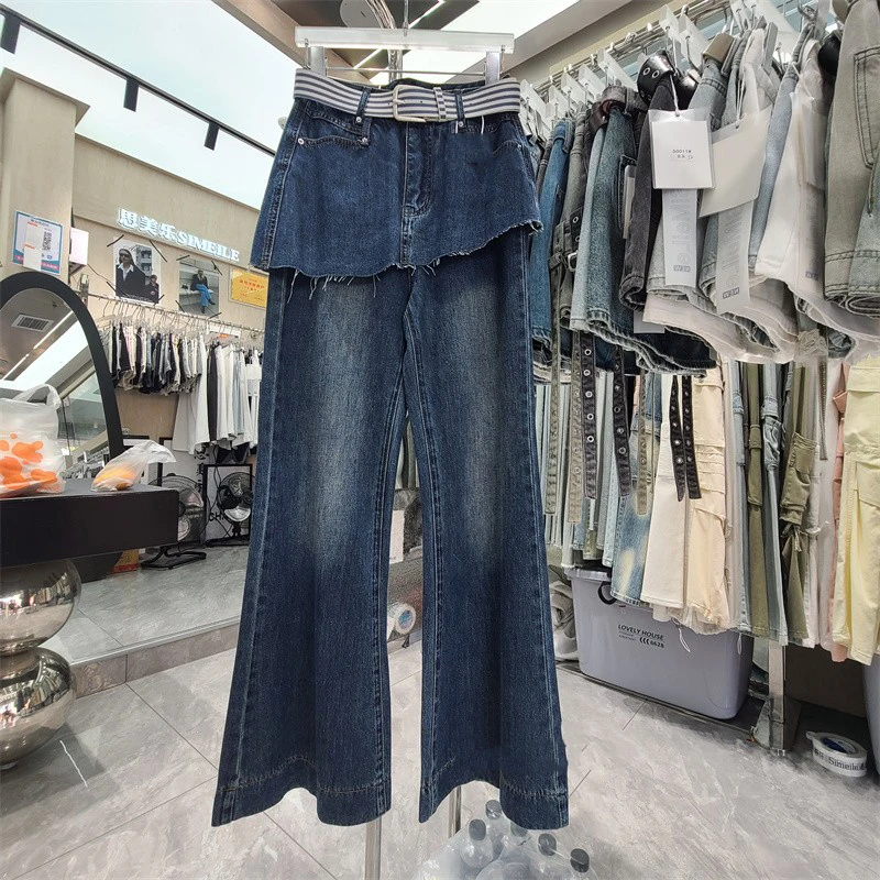 

Брюки с юбкой с нерегулярной бахромой, 2025, фарт, занавеска, искусственный дизайн из двух частей, джинсы, расклешенные брюки с микро-расклешенными брюками для женщин