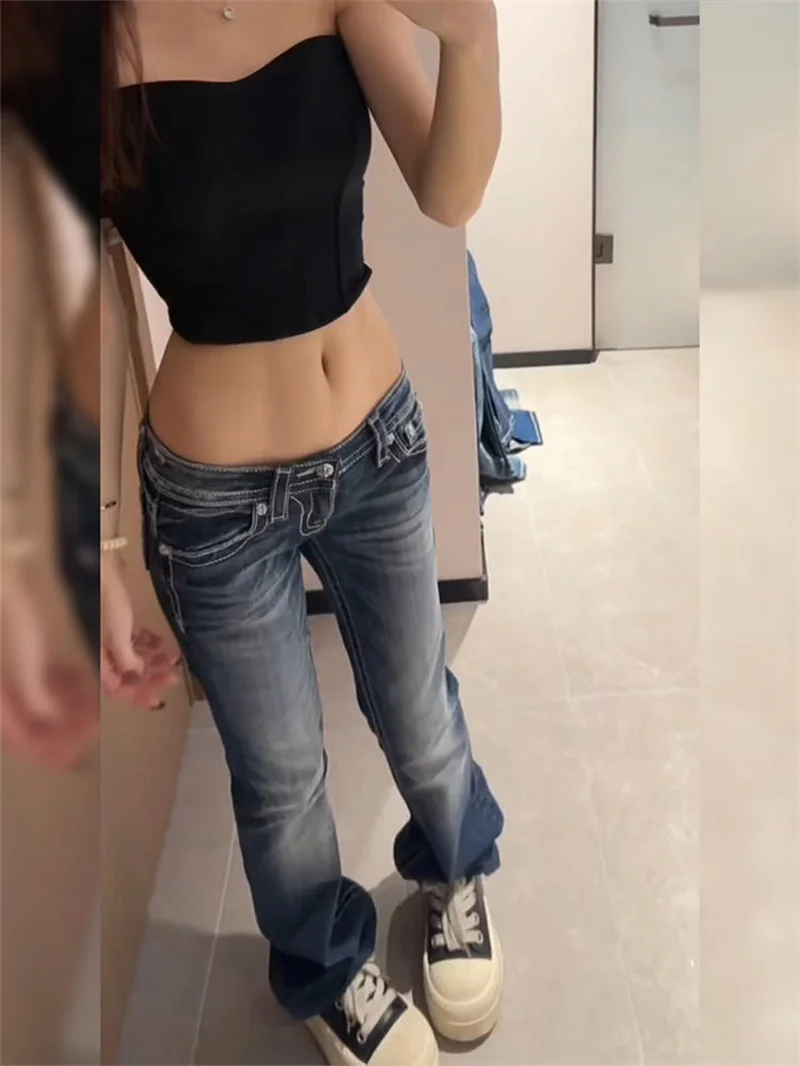 신상 여성용 미국식 맞춤형 핫 스탬핑 자수 청바지 2026 봄 y2k 밀레니엄 스타일 스파이시 걸스 로우 웨이스트 플로어