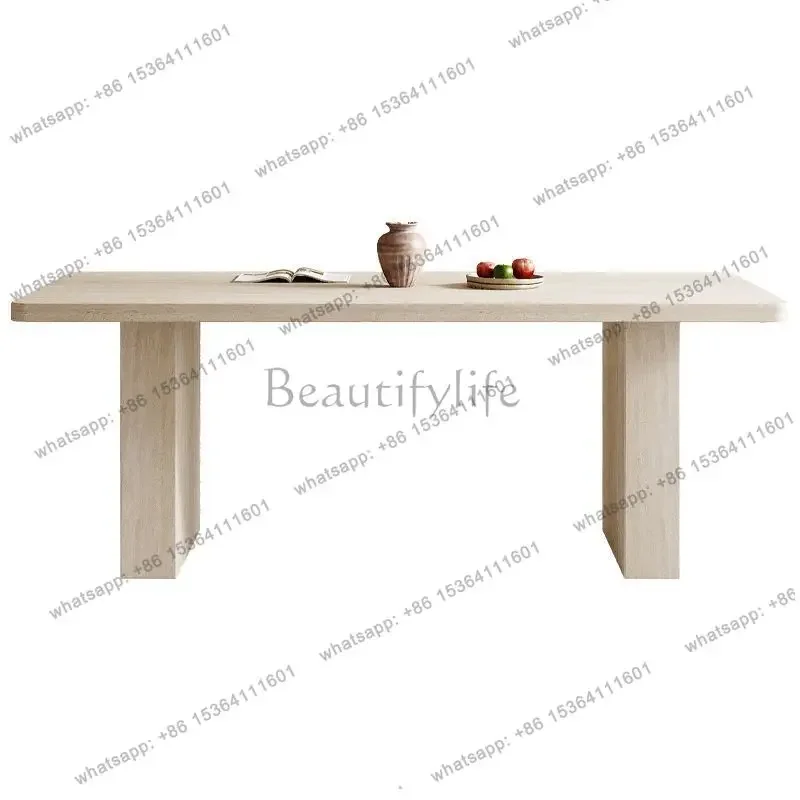 

yj9 Medieval travertine rock slab dining table French wabi-sabi small apartment household rectangular dining table