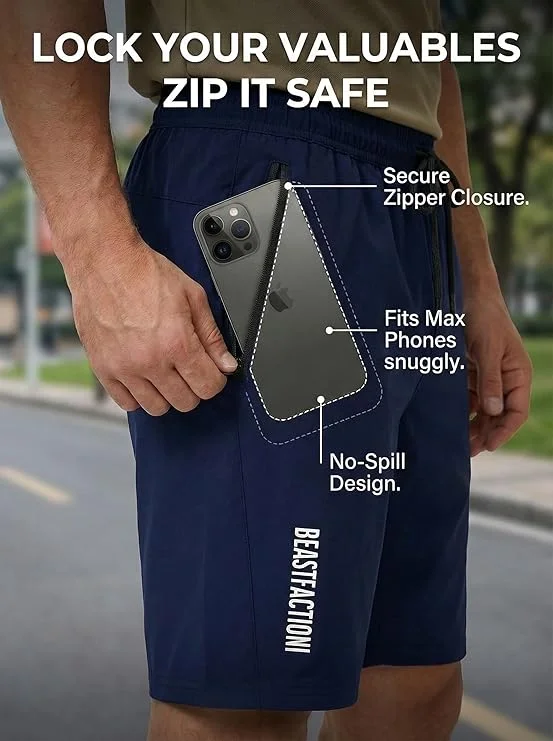 Men's Quick Dry Gym Shorts with Zipper Pockets Athletic Running Workout Shorts Breathable Training Shorts with Drawstring