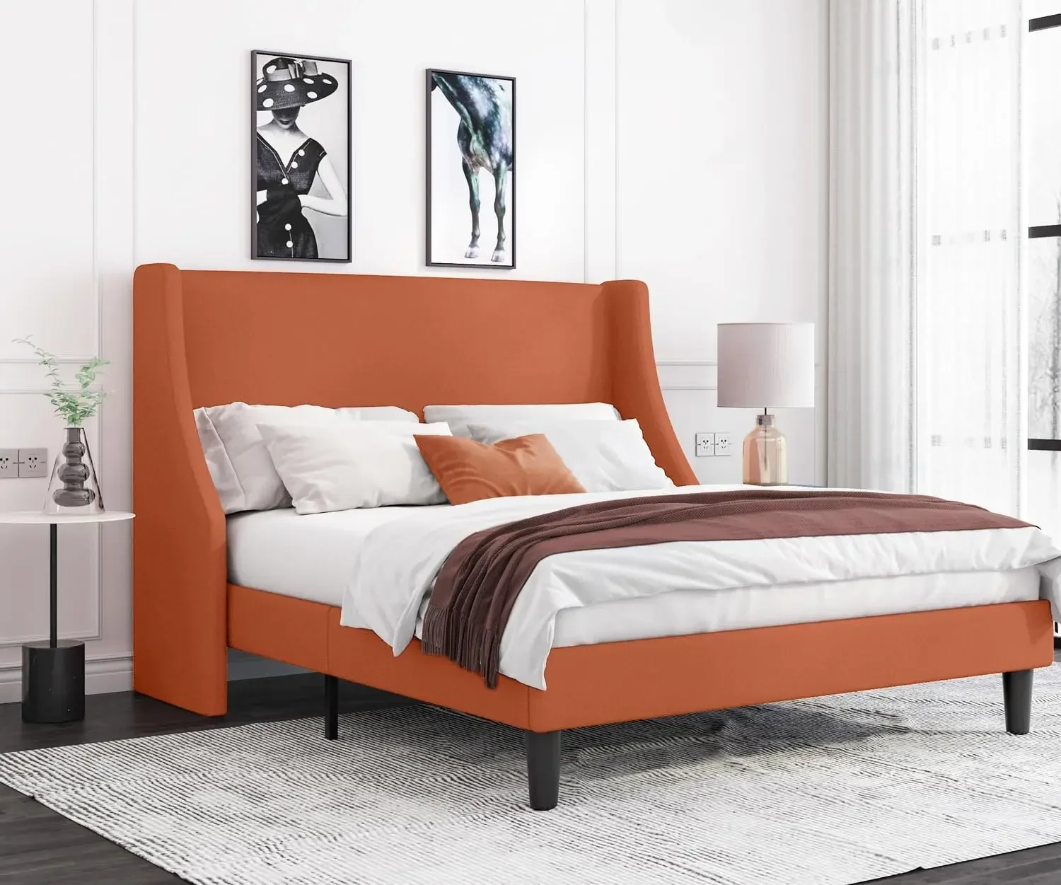 Platform Bed Frame Queen Size dengan Headboard berlapis kain, sayap Deluxe Modern, penopang Slat kayu, Alas Bedak