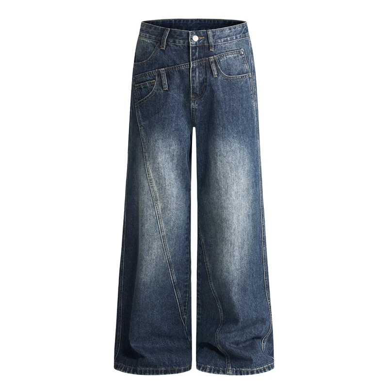 للجنسين الأمريكية الشارع الشهير موضة الجينز الرجال فضفاضة عادية غير المتماثلة لصق واسعة الساق الدنيم فضفاض الجينز بانت النساء الجينز بنطلون #1