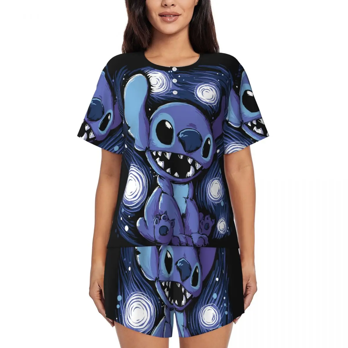 Desenhos animados personalizados Anime Stitch Pijamas Set para mulheres, pijamas de manga curta, loungewear, manga pijamas, 2 pcs