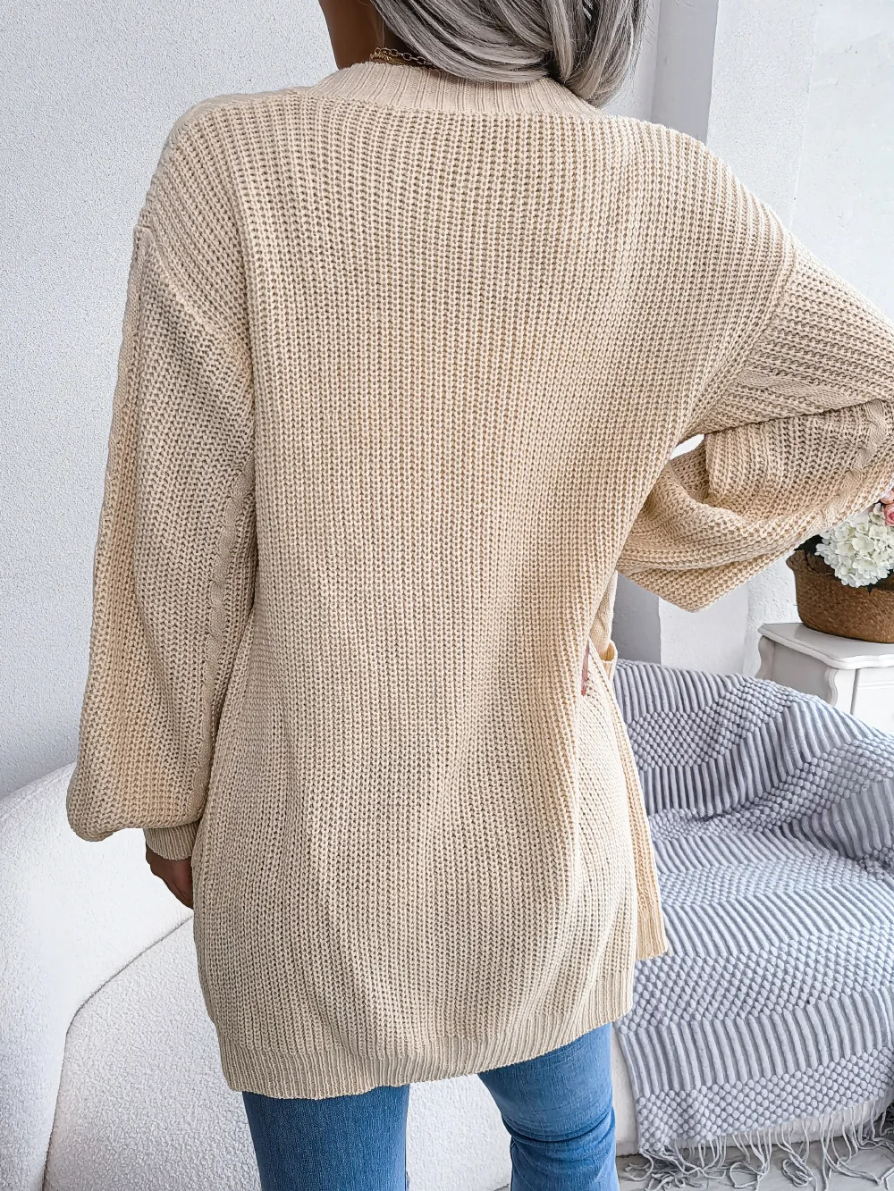 2025 Otoño Invierno mujer suéter Tops suéteres mujer linterna manga Casual bolsillo cárdigan suéter chaqueta