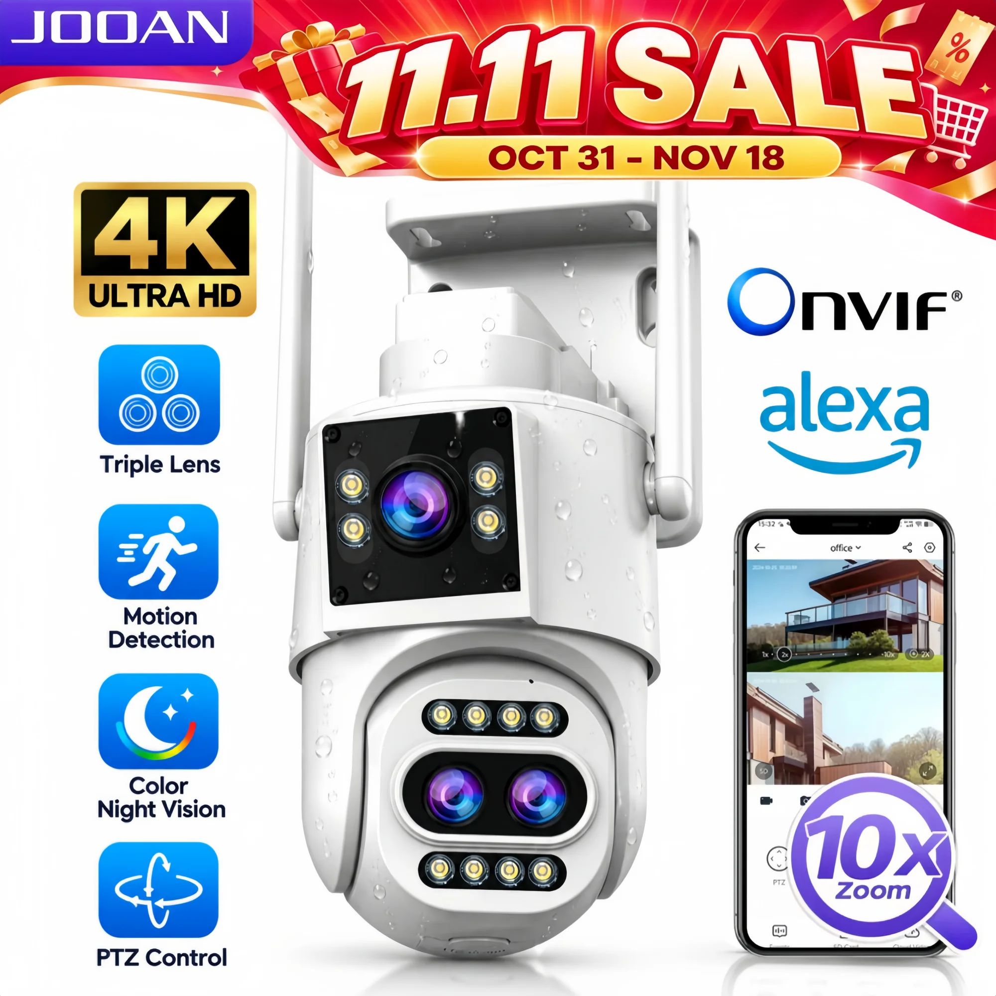 JOOAN 4K Wifi PTZ Camera Outdoor Three-Lens 10X Optical Zoom Security IP Camera Auto Tracking CCTV Video Surveillance Cam