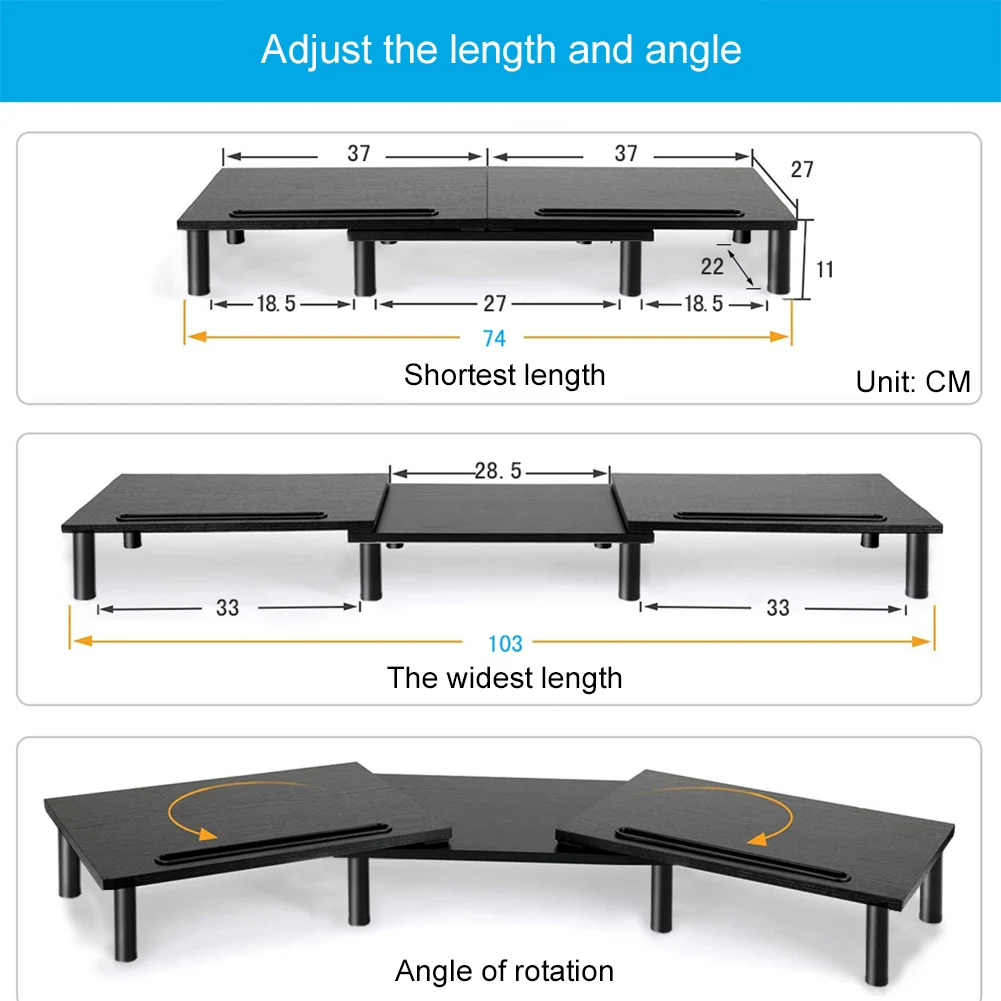 Dual Monitor Stand Riser Smartphone Holder Adjustable Length & Swivel Angle Wood Computer Monitor Stand PC Riser for 2 Monitors