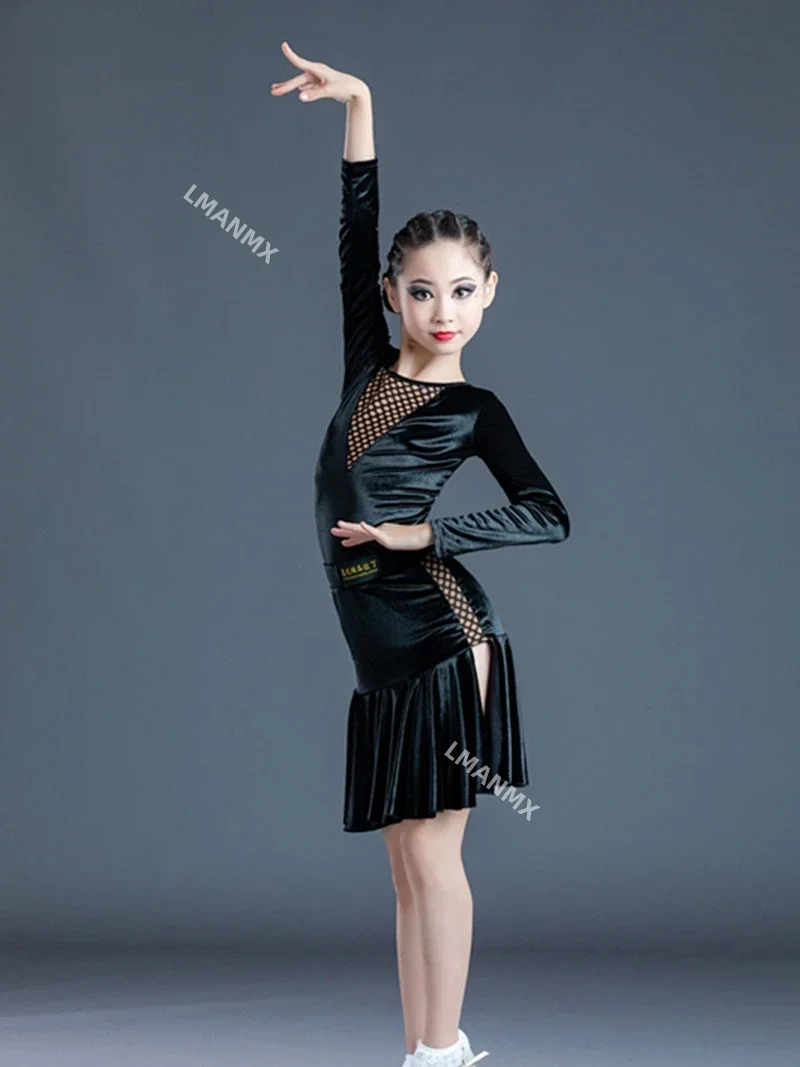 Latin Dance Dress Girls Autumn Winter Training Clothes Velvet Split Skirt Children Long Sleeve Suit Professional Dance Clothes