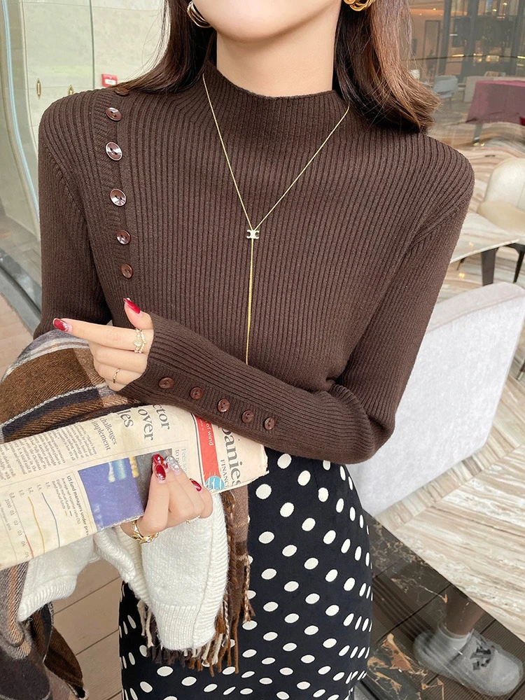 Jerséis ajustados informales de manga larga para mujer, Tops básicos de punto con botones a la moda, suéter de cuello alto, moda coreana, ropa sencilla y elegante