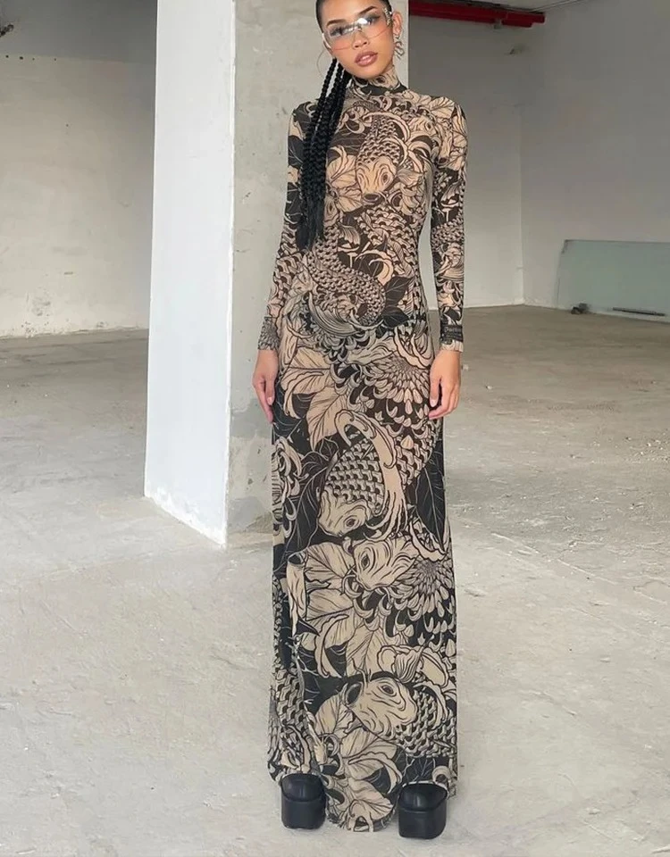 شبكة خمر طباعة فستان ماكسي المرأة مثير شير كم طويل الوقوف الرقبة رقيقة نحيل رداء الإناث الاتجاه الجديد حفلة Bodycon #1