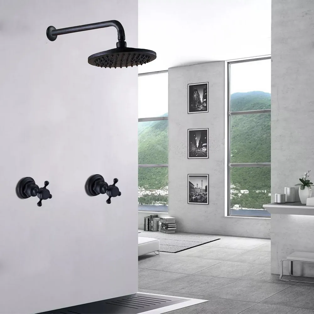 Black Oil Rubbed Brass Wall Mounted Bathroom Rain Shower Head Two Cross Handles Faucet Control Valve Stopcock Tap Set mbn204
