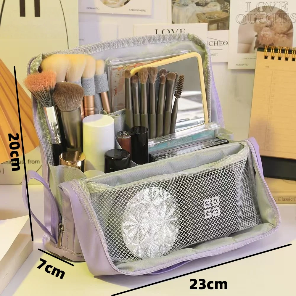 Make-up-Tasche mit großer Kapazität, einfache PU-Leder, große Pinseltasche, stehend, tragbar und multifunktionale Reise-Aufbewahrungstasche