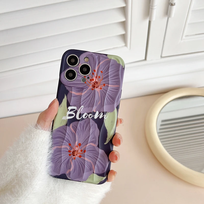 English Letters Bloom Purple Flower Case For iPhone 11 12 13 14 15 Pro Max Soft IMD Silicone Back Cover