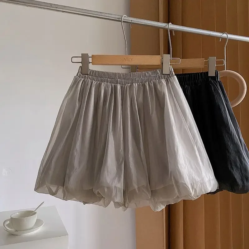 

2025 Solid Kawaii Ball Gown Summer Shorts for Women Bottoms Grey Black High Waist Lolita Casual Short Chiffon Wide Leg Pants