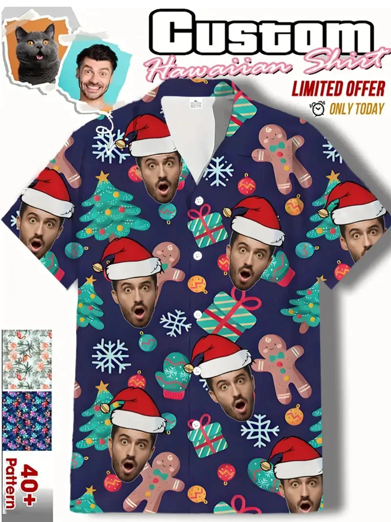 

Забавный пряничный человечек на Рождество, индивидуальное лицо, фото, 3D принт, пуговицы, рождественские рубашки «сделай сам», дизайнерские рубашки с короткими рукавами, одежда, рождественский подарок