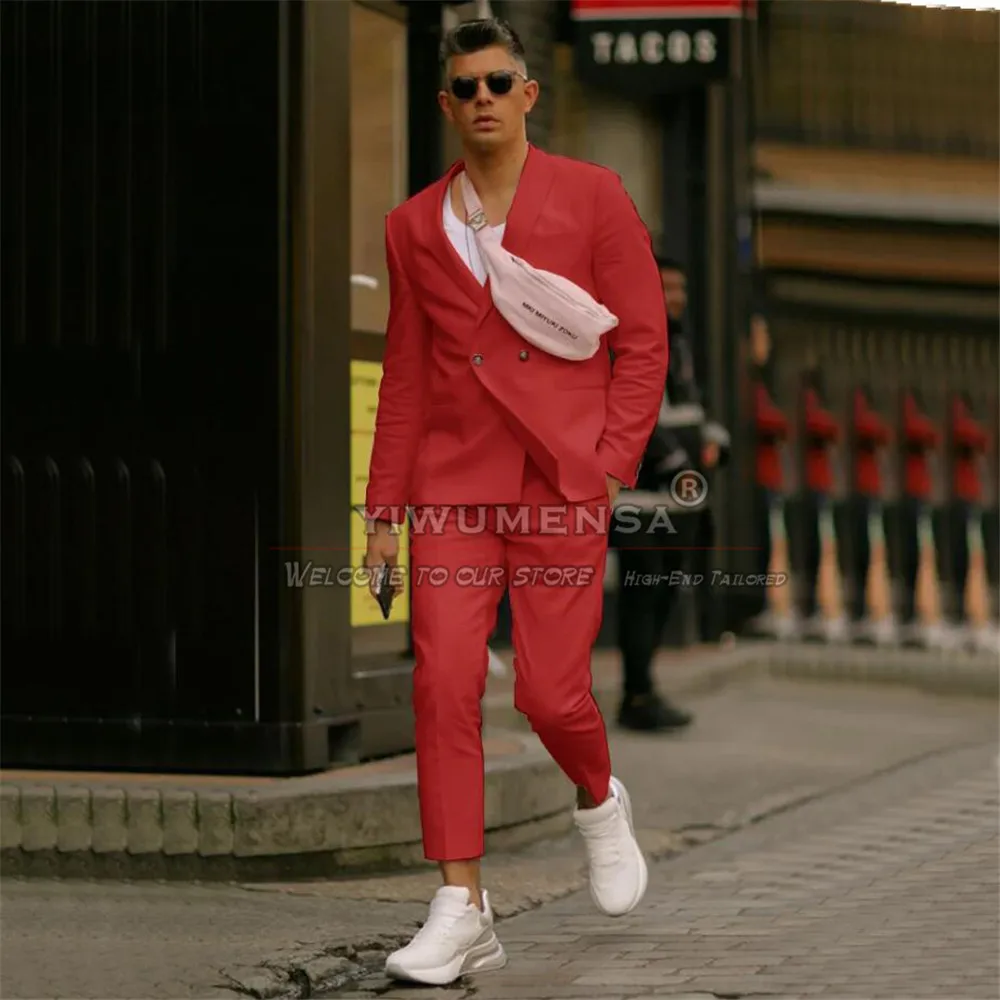 Red Suits Men Smart Casuel 2 Pieces Groom Wedding Tuxedos Bespoke Double Breasted Jacket Pants Male Business Dinner Prom Blazers