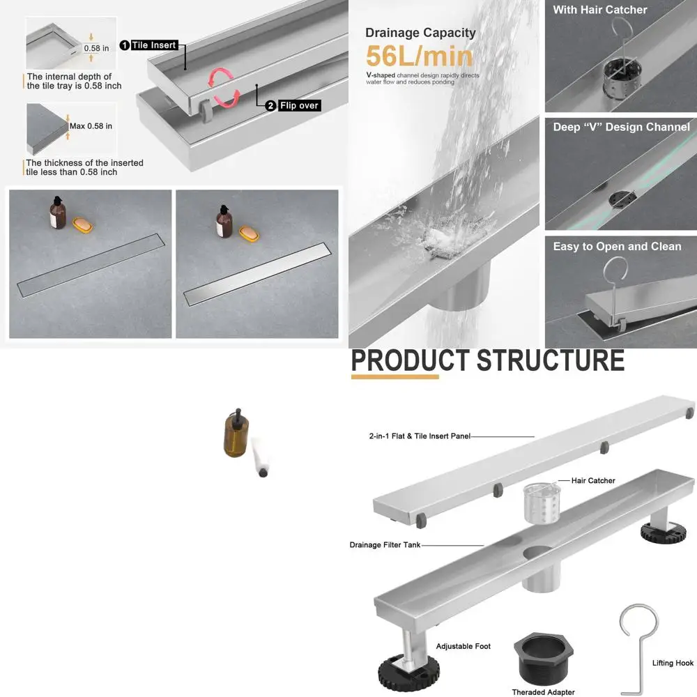 

60 Brushed Nickel Linear Shower Drain with Tile Inserts, 304 Stainless Steel, Adjustable Feet, Hair Catcher for Bathroom & Balco