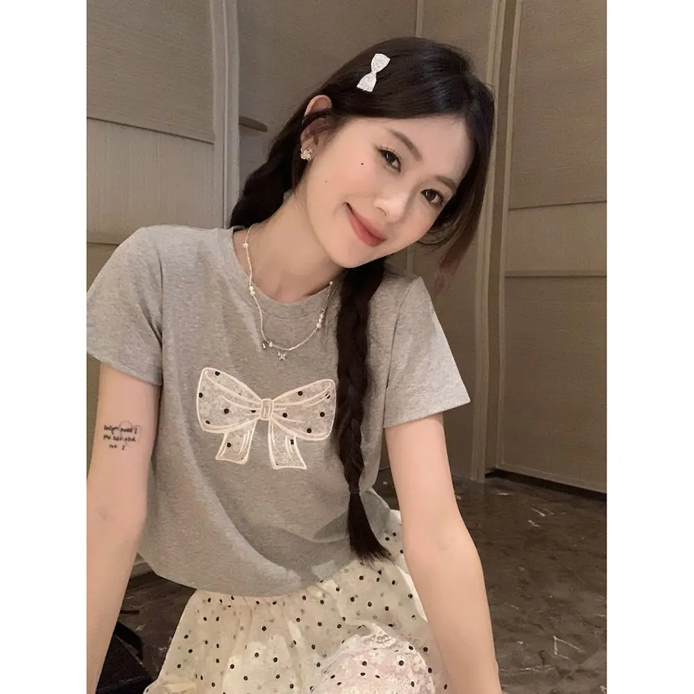 여성을위한 달콤한 양복 활 수 놓은 앞 어깨 반팔 티셔츠 여름 흰색 레이스 폴카 도트 케이크 스커트 투피스 세트