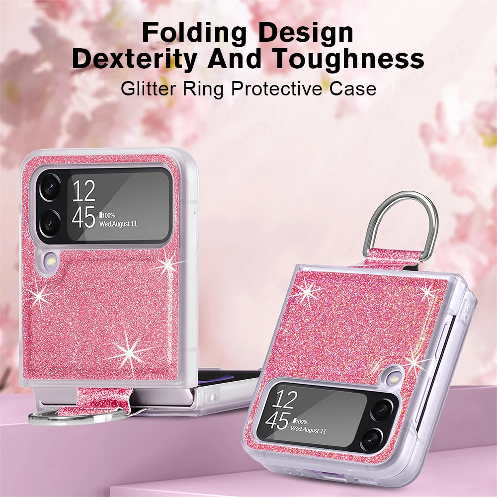 Luxury Glitter With Ring Hard PC Folding Cover For Samsung Galaxy Z Flip4 Sumung Flip 4 5G Case Frosted Texture Shockproof Coque