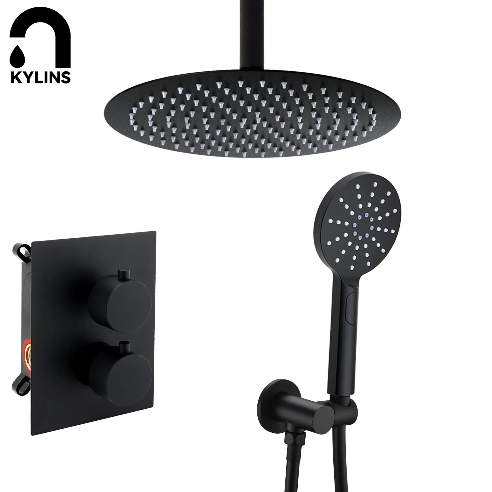 

KYLINS Black Bathroom Twin Shower Head Set Ceiling Mount 8-16 in Rainfall Shower Head Hand Shower Hot Cold Mixer Valve Diverter