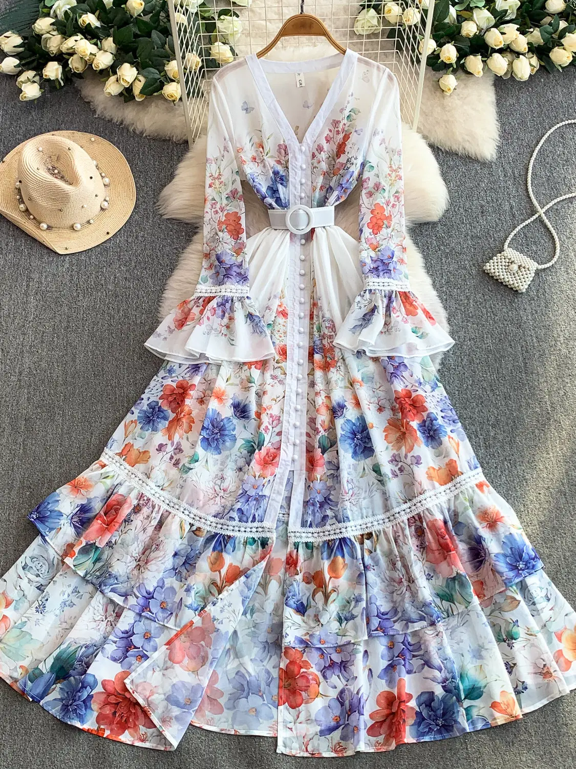 

French Vacation Elegant V Neck Flare Sleeve Dress for Women Spring Autumn Lace Spliced Print Waist Fitted Ruffle Maxi Dress Lady