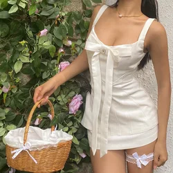 Elegant Bow Patchwork White Dress French Gentle Low-cut Sleeveless Mini Dresses With Bodycon Skirts Women 2 Piece Set Y2K Clothe