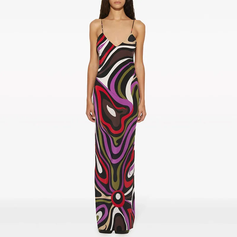 Robe longue en Satin pour femmes, Sexy, Slim, dos nu, élégante, sans manches, ajourée, style Boho, imprimé, taille haute, col en V, robe de soirée, été