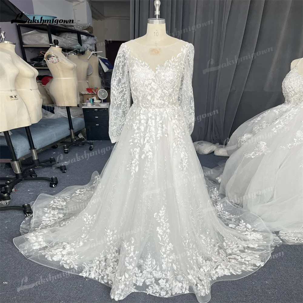 Lakshmigown Real Photo Luxury Lace Applique A Line Wedding Dress Boat Neck Full Sleeves Pretty Button Bridal Gowns 웨딩드레스