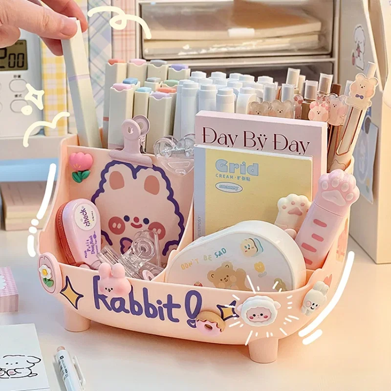 Kawaii Desktop Pen Holder Large-capacity Cute Stationery Storage Box Creative Cartoon Pencil Holder Ins Desk Organizer for Girls