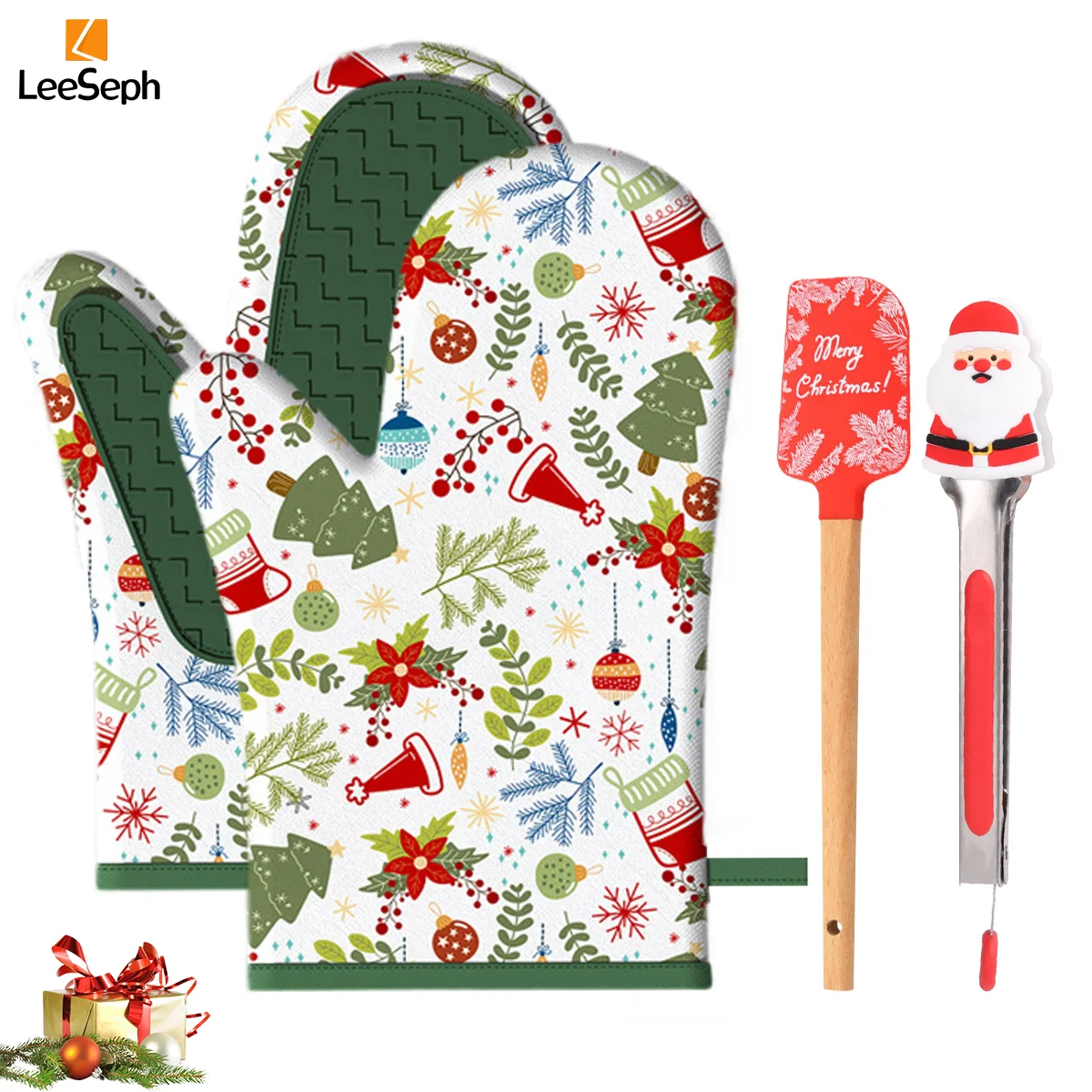 Leeseph Christmas Baking Set, Includes 2 Silicone Patch Oven Mitt, 1 Cute Silicone Spatula and 1 Santa Little Clip Kitchen Tong