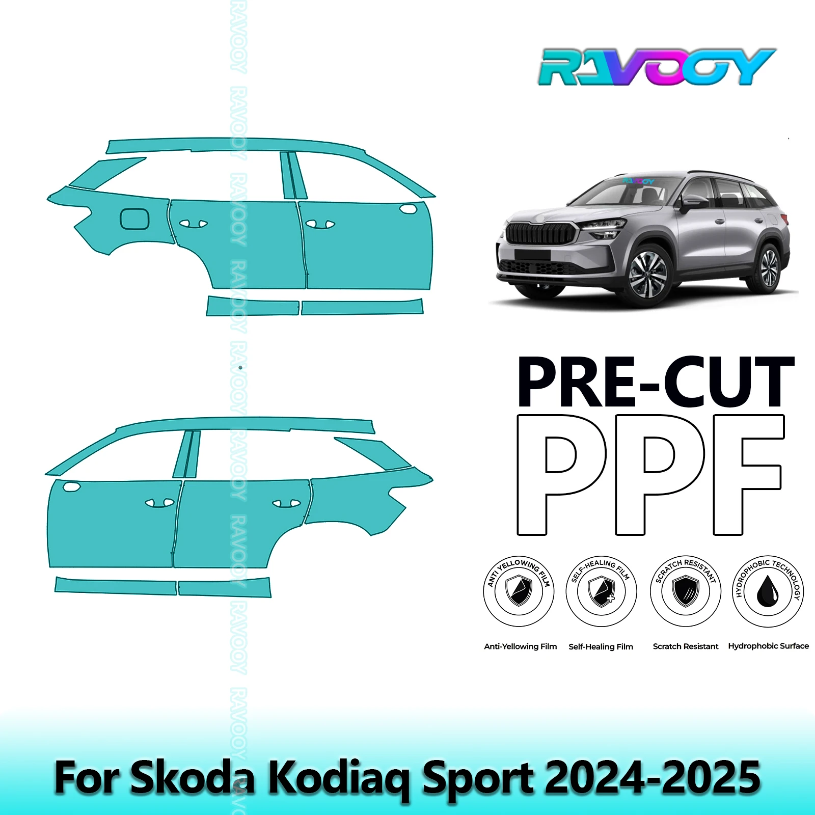 

For Skoda Kodiaq Sport 2024-2025 8.5mil Clear Matte Pre-Cut PPF Door & A/B Pillar Kit TPU Paint Protection Film Set