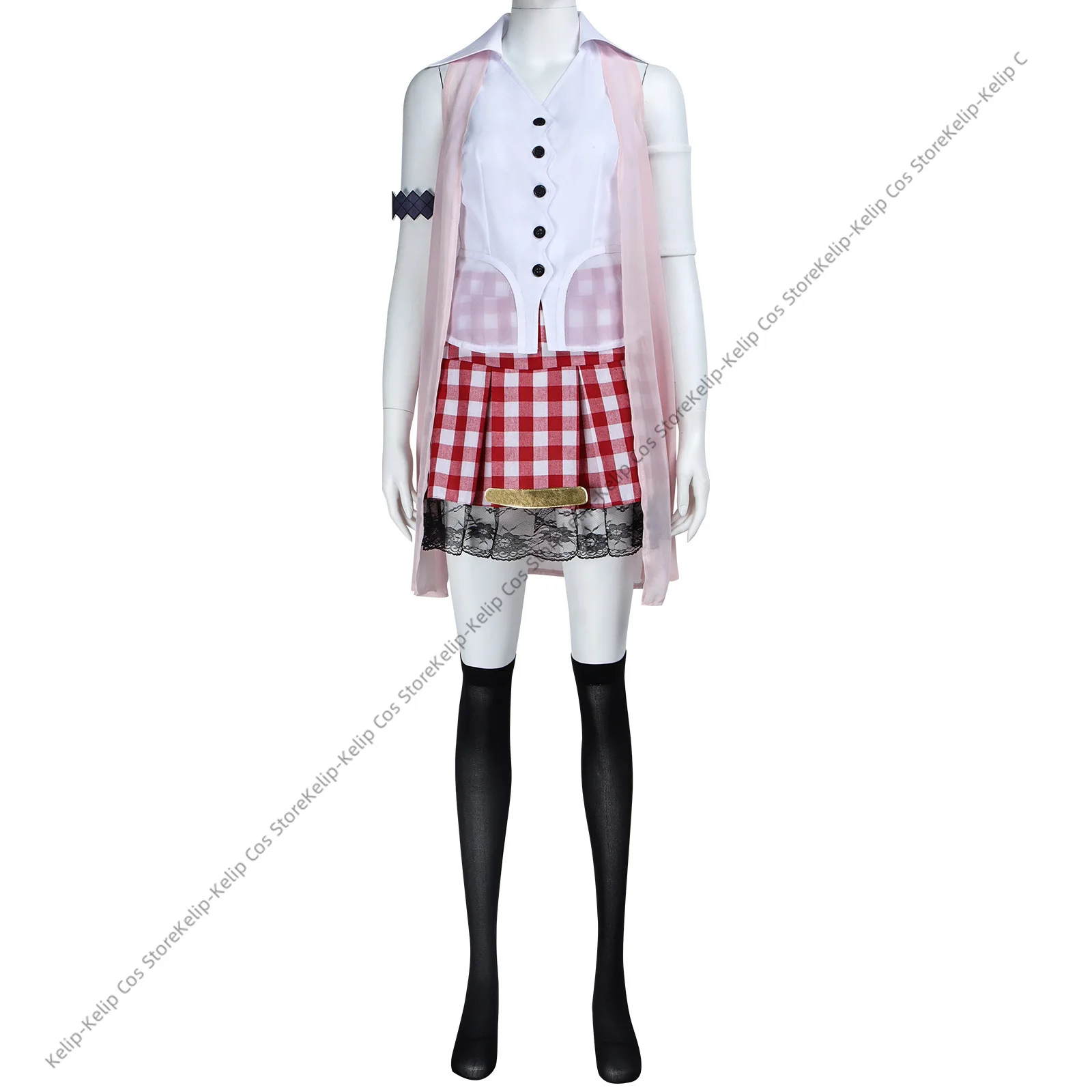 Juego Final Fantasy XIII ‌   Disfraz de Serah Farron, chal rosa, falda de rejilla, peluca, mujer adulta, traje de ocio diario bonito y Sexy