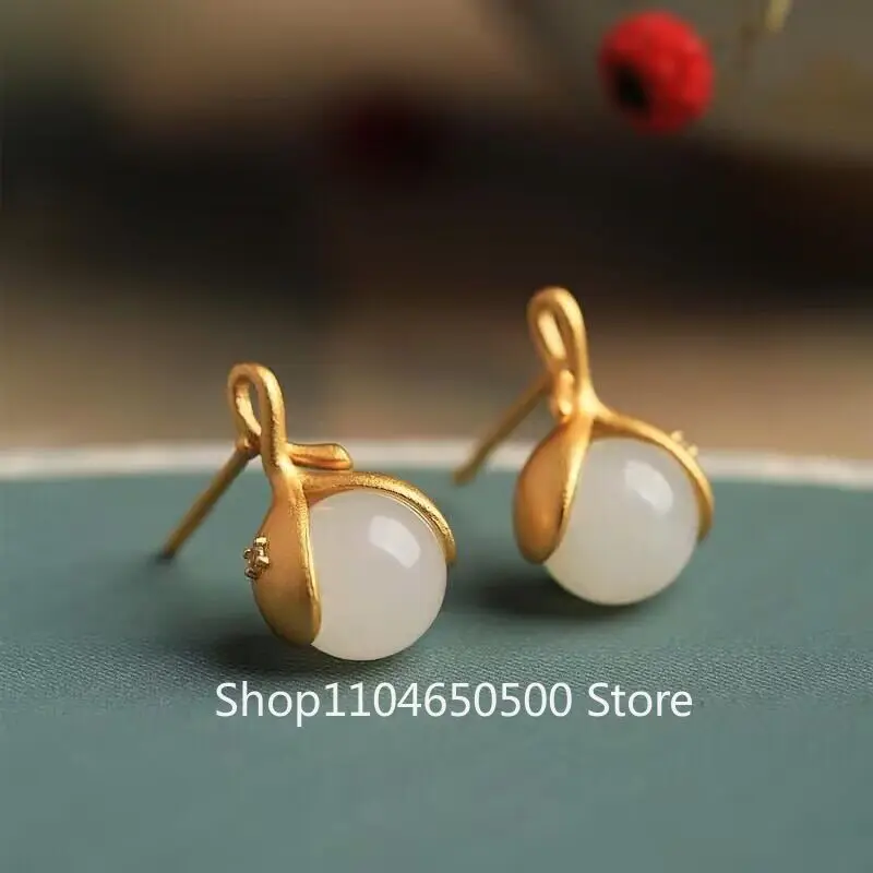 

Hetian Jade Sterling Silver Exquisite Flower Bud Earrings Female Jade Earrings