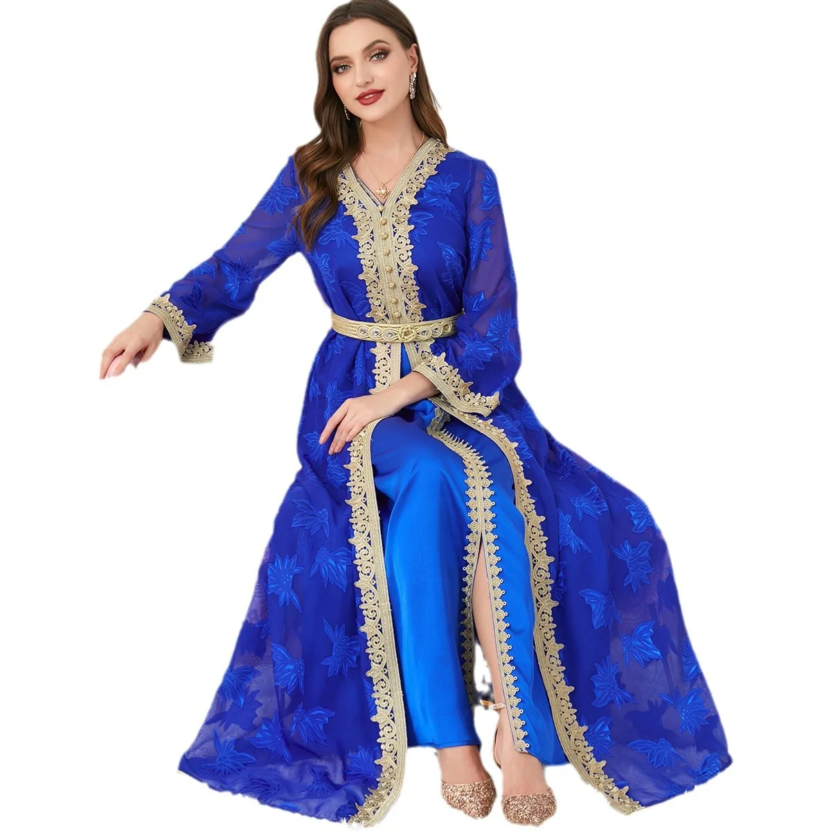 Abaya Abito da donna con scollo a V a maniche lunghe in due pezzi Abito transfrontaliero Medio Oriente Commercio estero Abaya da donna musulmana Caftano ricamato