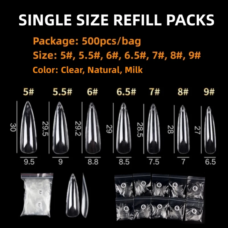 

500pcs Full Cover Long Stiletto False Nails REFILL Packs Single Size 5# 5.5# 6# 7# 8# Flexible Fake Nail Art Tips Salon Manicure