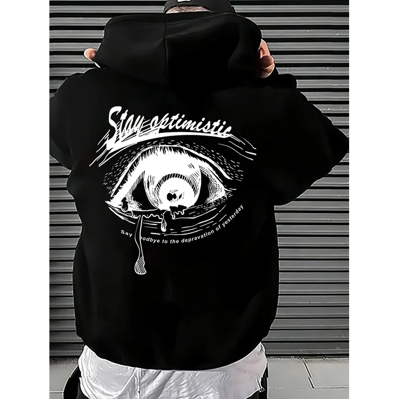 Men's Fall/Winter Essential Hoodie with Eye Print, Fleece-Lined Sweatshirt, Sporty Casual Loose-Fit Hooded Sweatshirt