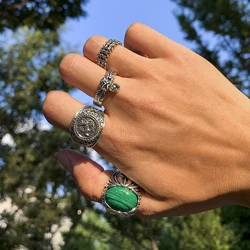 KunJoe Exaggerated 4pcs/set Skull Head Metal Carved Rings for Men Gothic Punk Green Stone Rings Set Halloween Jewelry Gifts