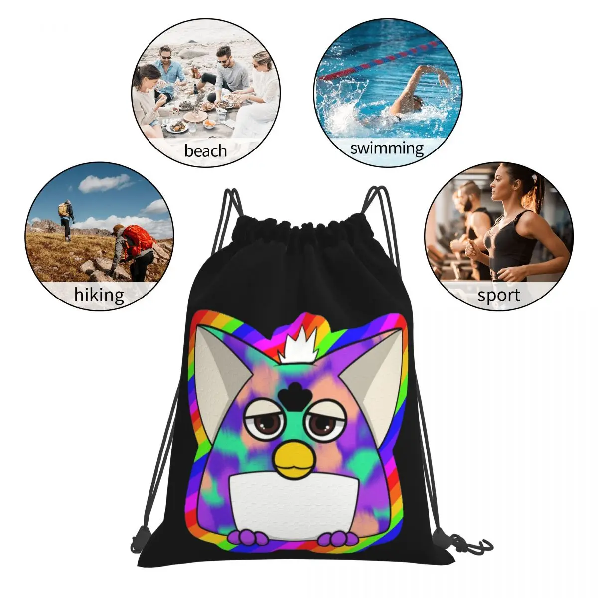 Gay Tye Dye Furby Relaxed Fit Rucksäcke, tragbare Kordelzug-Taschen, Kordelzug-Bündel, Tasche, Kleinigkeiten, Tasche, Büchertaschen für Mann und Frau