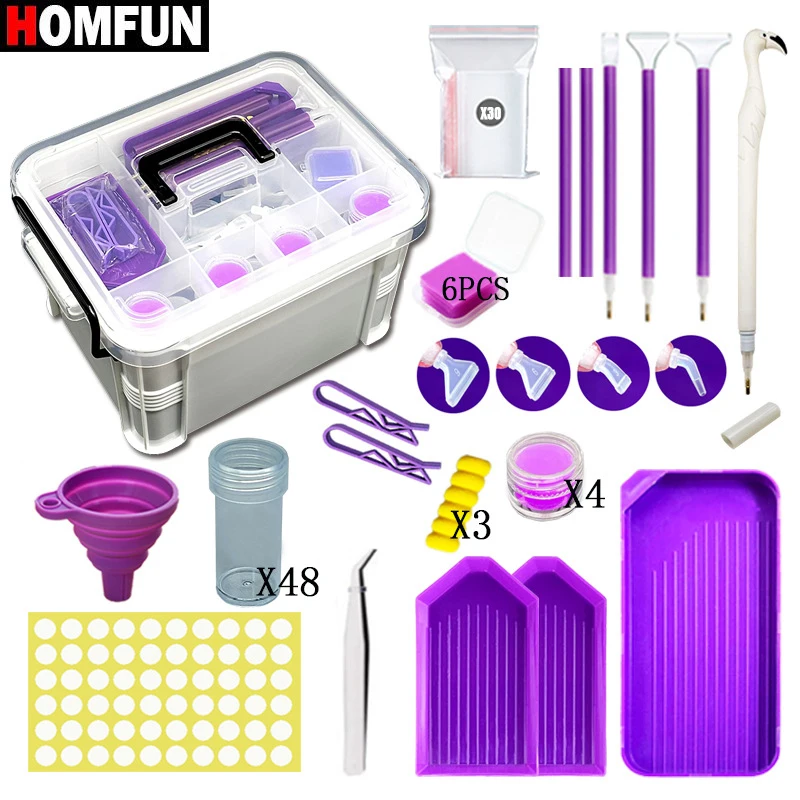 HOMFUN 111-Piece Diamond Painting Tools Kit with Plastic Storage Box, Trays, Bottles, Tweezers, Pens, Wax, Funnel Accessories