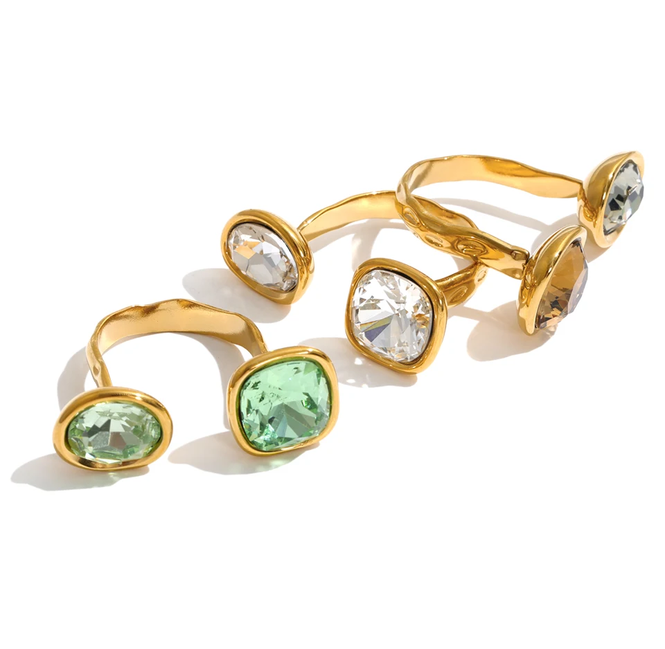 Yhpup Edelstahl Verstellbarer Offener Ring Braun Weiß Grün Quadratischer Kristall Goldfarben Neuheiten Finger Modeschmuck – Detail 3