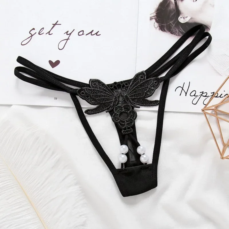 

Women's transparent hollow thong embroidered pearl sexy underwear low waist hot ultra-thin sexy t-shirt Valentine's Day gift
