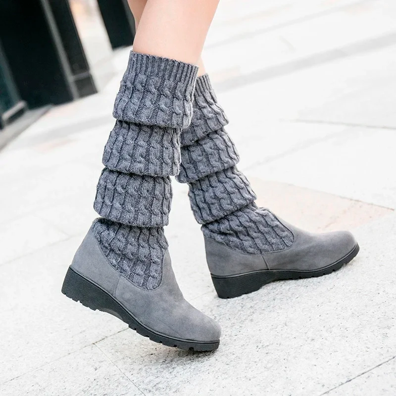 Cuissardes en laine à tissage ogo pour femmes, bottes chaussettes longues, bottes élastiques au genou, bottes compensées, printemps, automne, 2024