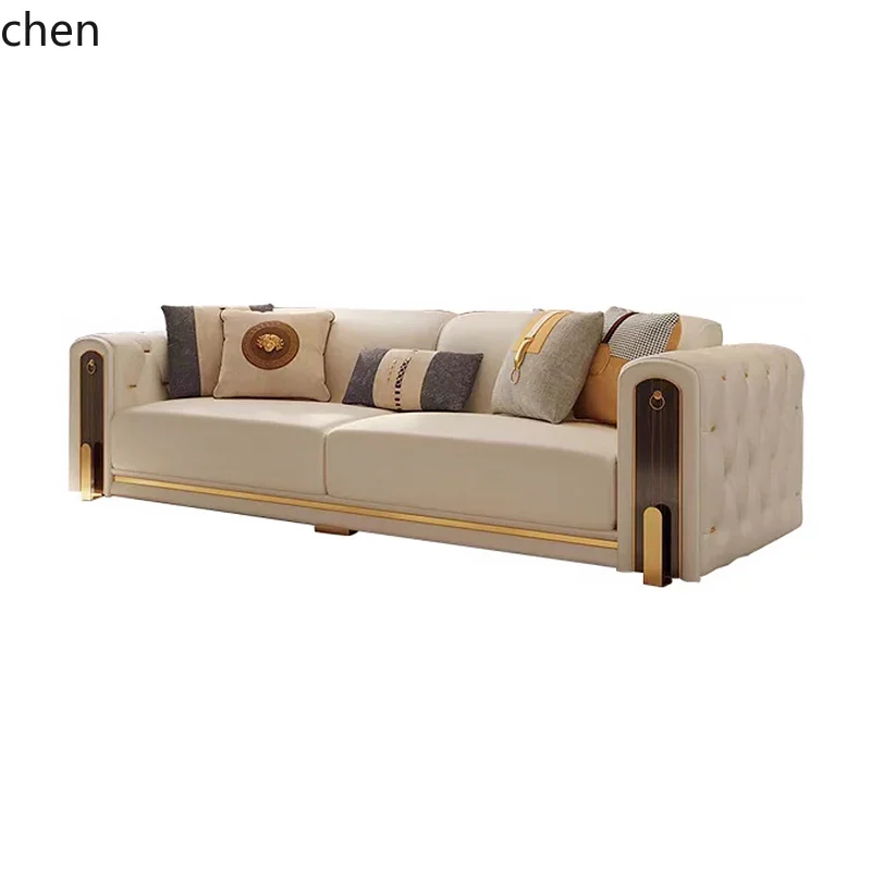 HT Italian light luxury leather sofa combination American buckle straight row four people Fansi fold villa flat living room sofa