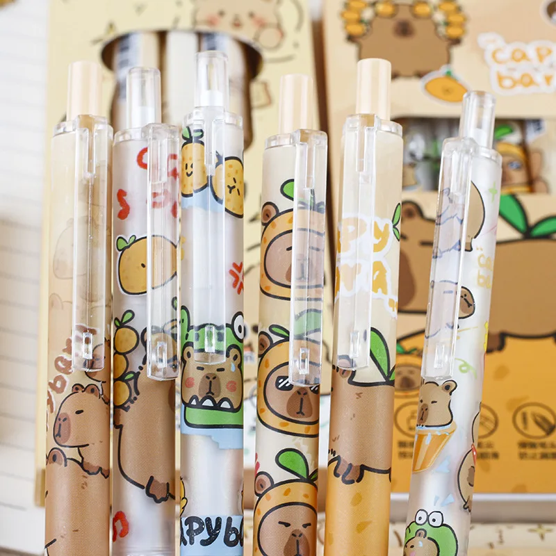 Zestaw 6 długopisów żelowych INS Style Kawaii Capybara, długopis żelowy 0.5mm, czarny długopis żelowy z kreskówką, szybkoschnący długopis do podpisu dla uczniów.