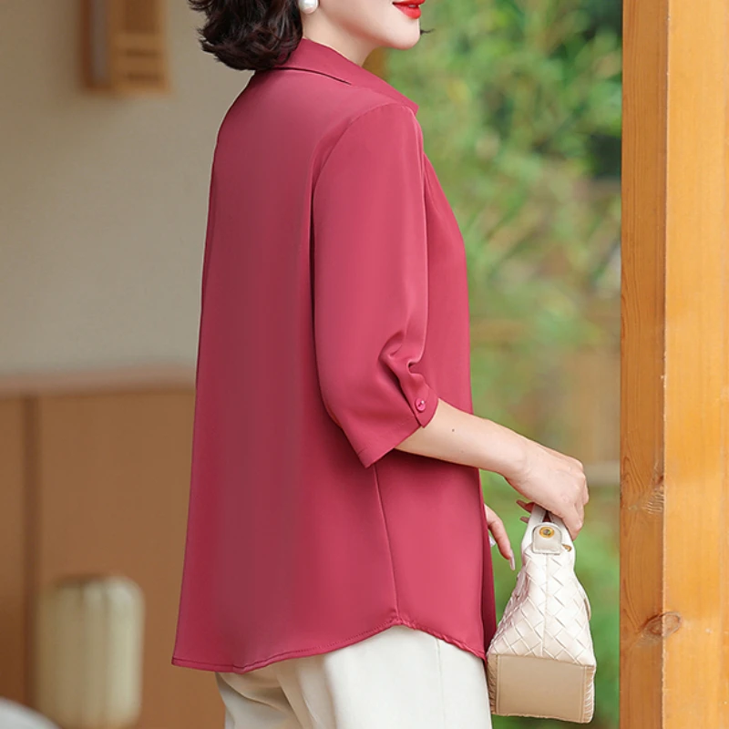 Female Clothing Plus Size Commute 3/4 Sleeve Blouse Solid Color All-match Spring Summer Lapel Stylish Korean Shirt