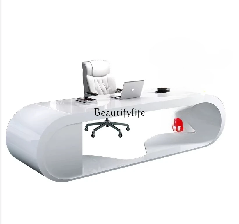 

Boss Lacquered Curved Desk Office Special Custom Arc Desk White Executive Manager Desk and Chair Set