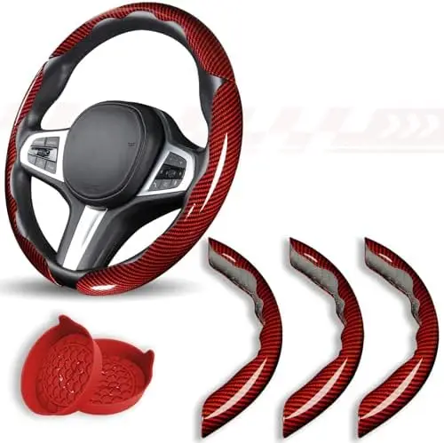 

Red Carbon Fiber Steering Wheel Cover Set – Non-Slip, Universal Fit 14.5-15" – 3-Piece Grip Protector