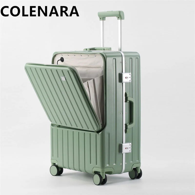 COLENARA-Mala De Cabine Com Rodas, Moldura De Alumínio, Caixa De Embarque, Carregamento USB, Estojo Do Trole, 20 ", 24", Abertura Frontal, Bagagem