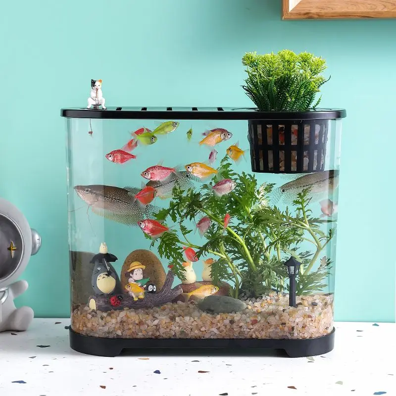 Desktop Fish Tank Transparent Ecological High Fish Tank with Lid Creative Landscape Small Living Room Fish Tank